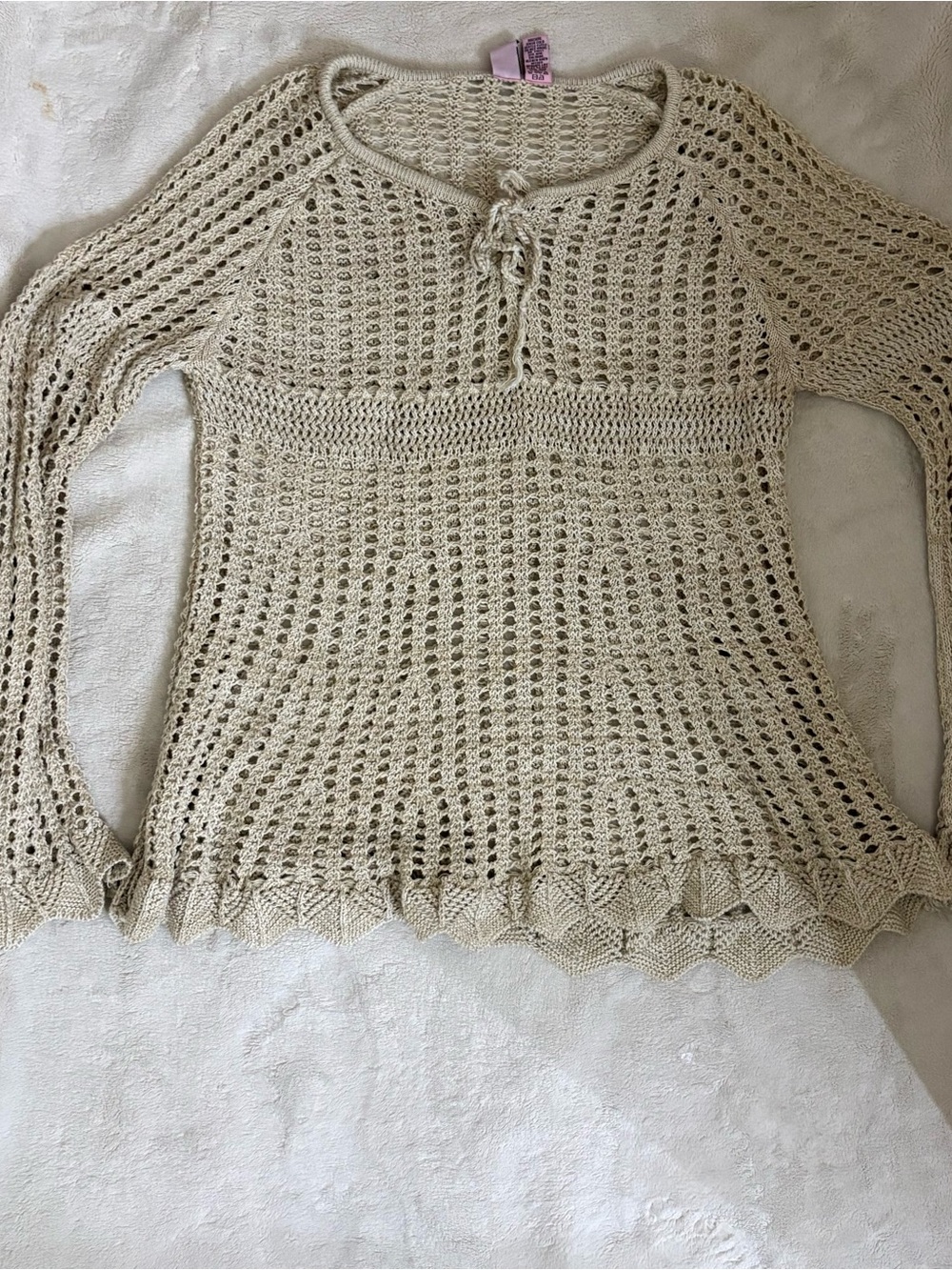 Light Beige Crochet Knit Sweater Top Boho Open Knit Women’s Pullover